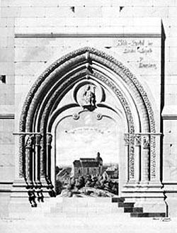 Hauptportal der Nikolaikapelle. Anstelle der Portaltüren ist ein Ausblick von Norden auf die Nikolaikapelle eingefügt.